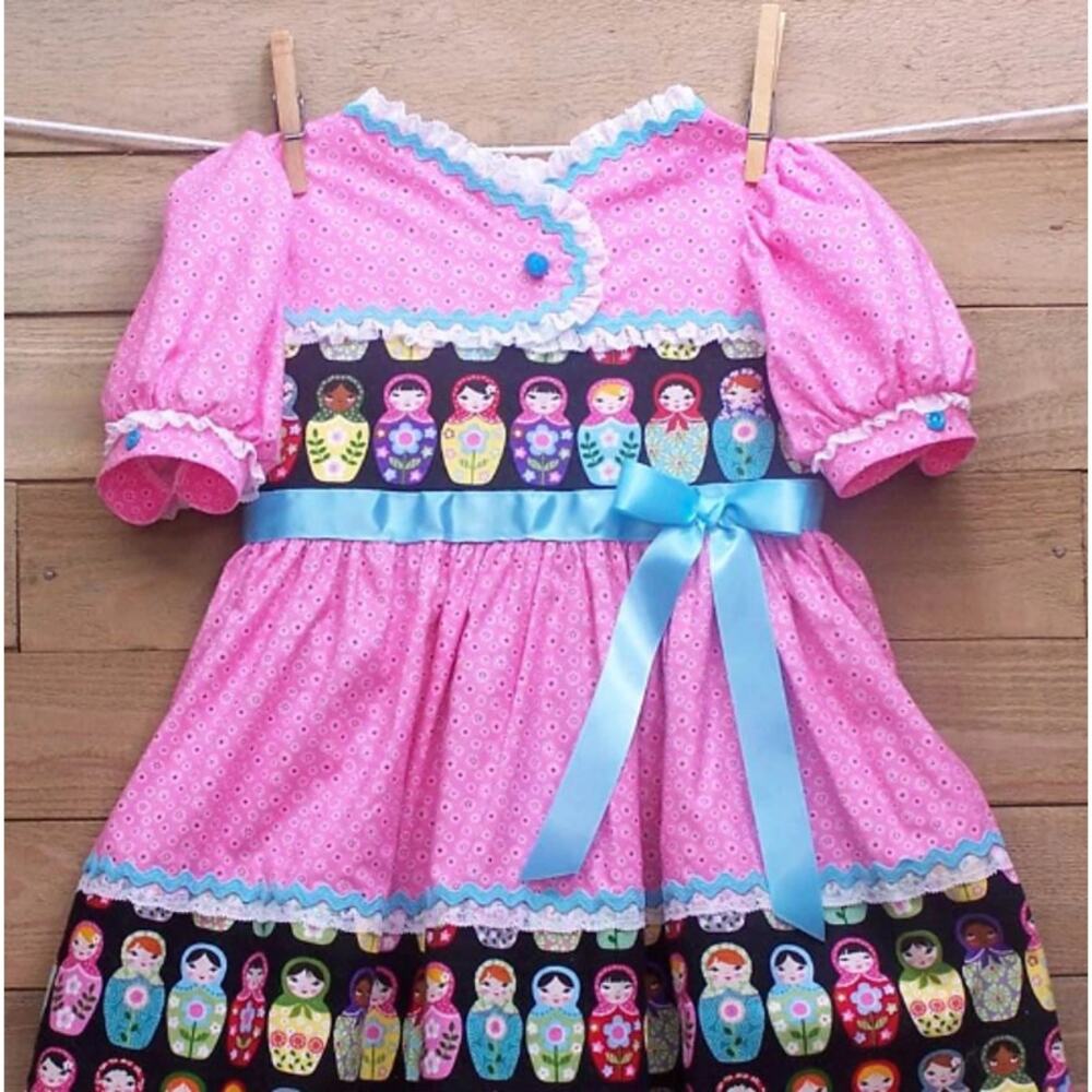 Girls Pink 1950s Style Cotton Dress Babushka Fabric Print Size 5